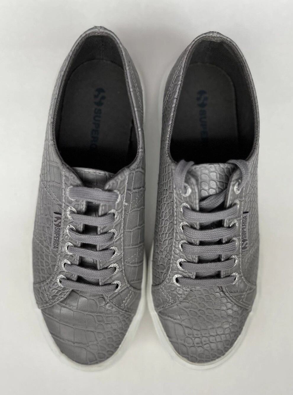 Superga Gray Leather Crocodile Embossed Sneakers Lace Up Womens 8 Textured